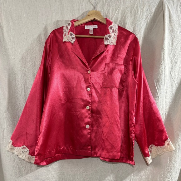 Oscar de la Renta Pink Label Other - Oscar de la Renta Pink Label Vintage Y2K Red Satin Lace Trim Pajama Top Large